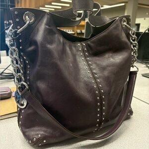 Michael Kors Deep Plum Leather Studded Hobo Bag with Silver Chain